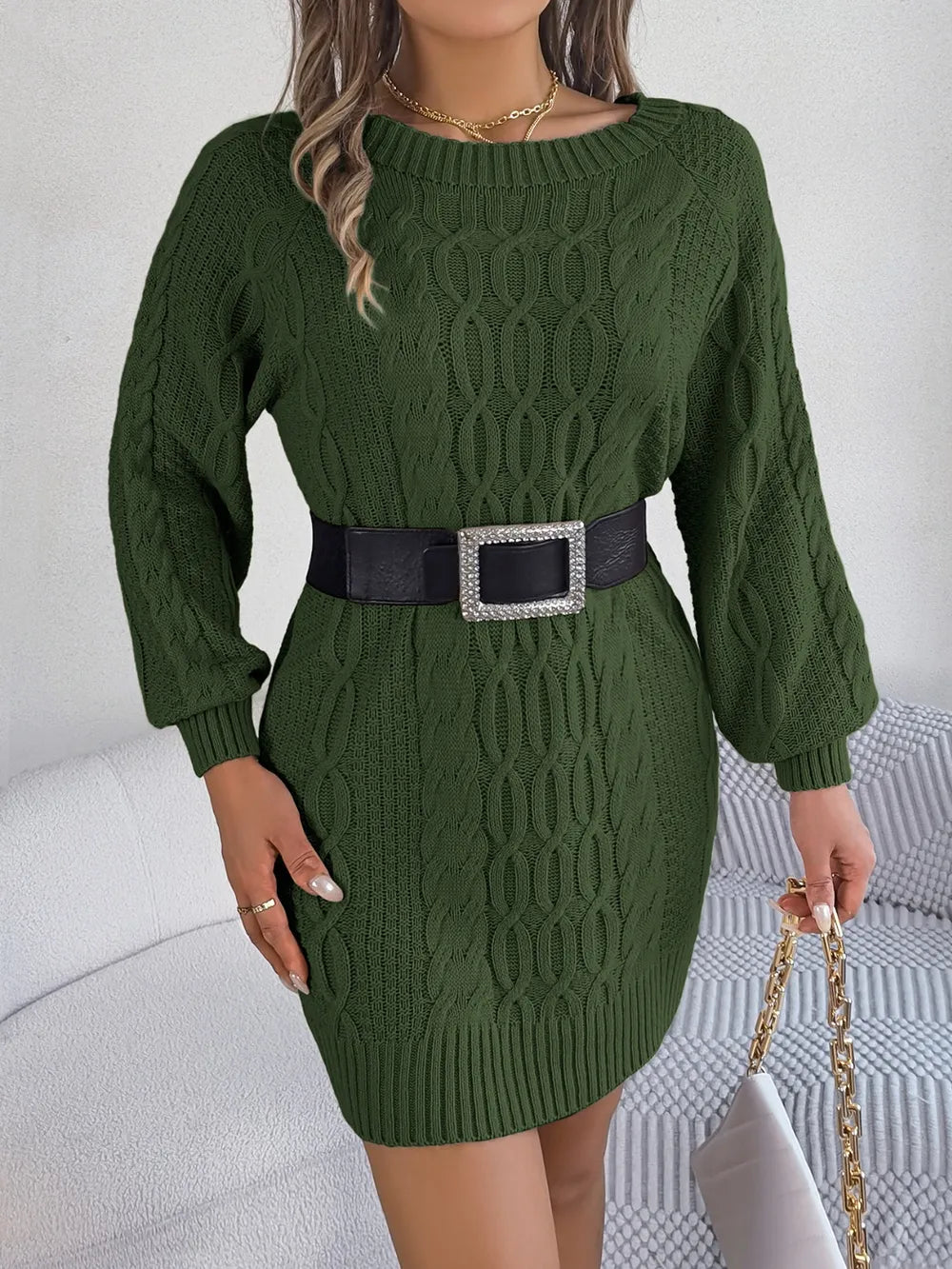 Cable-Knit Round Neck Sweater Dress, view 7