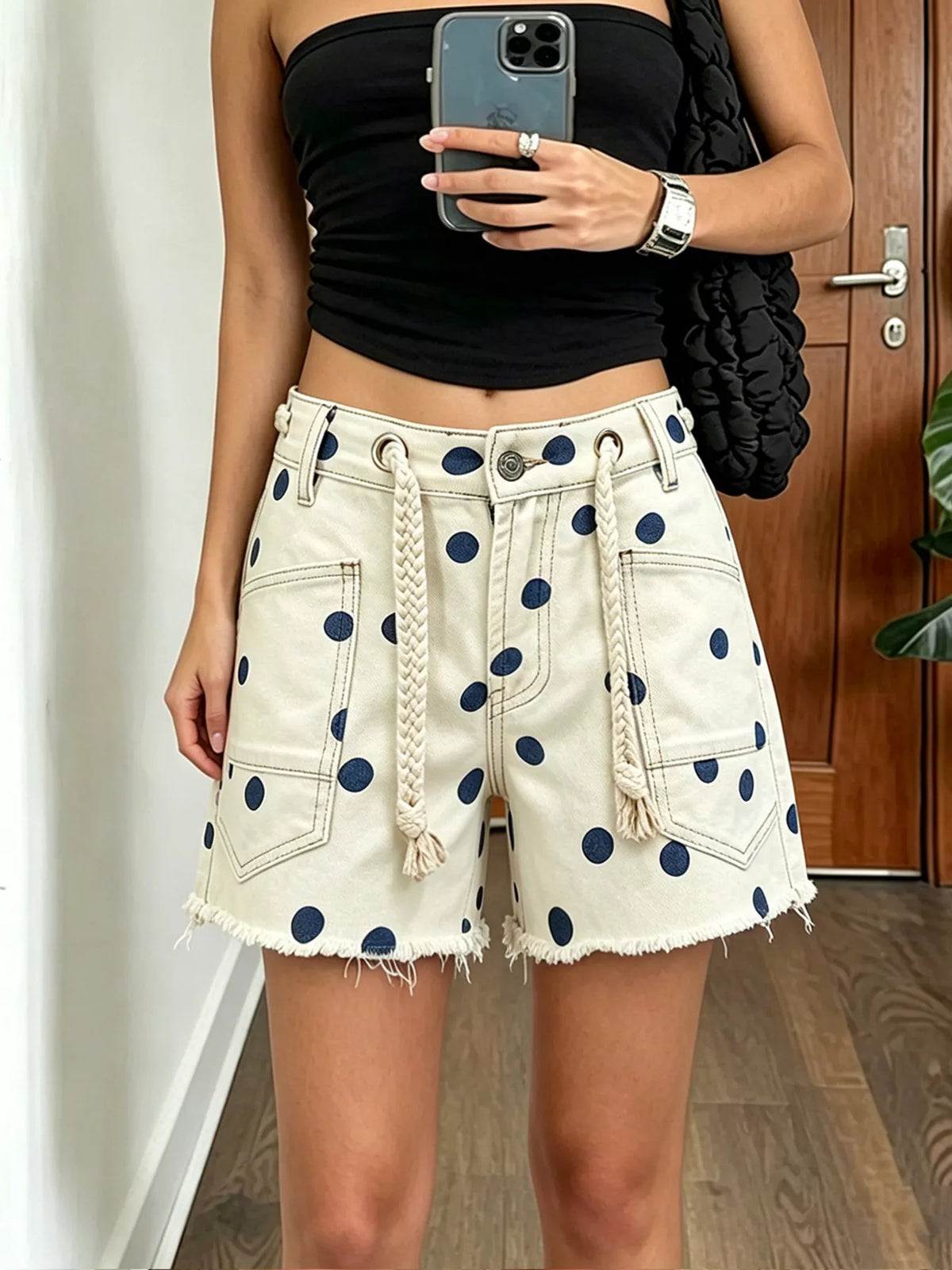Polka Dot Denim Shorts with Braided Drawstring - Lilixa.store