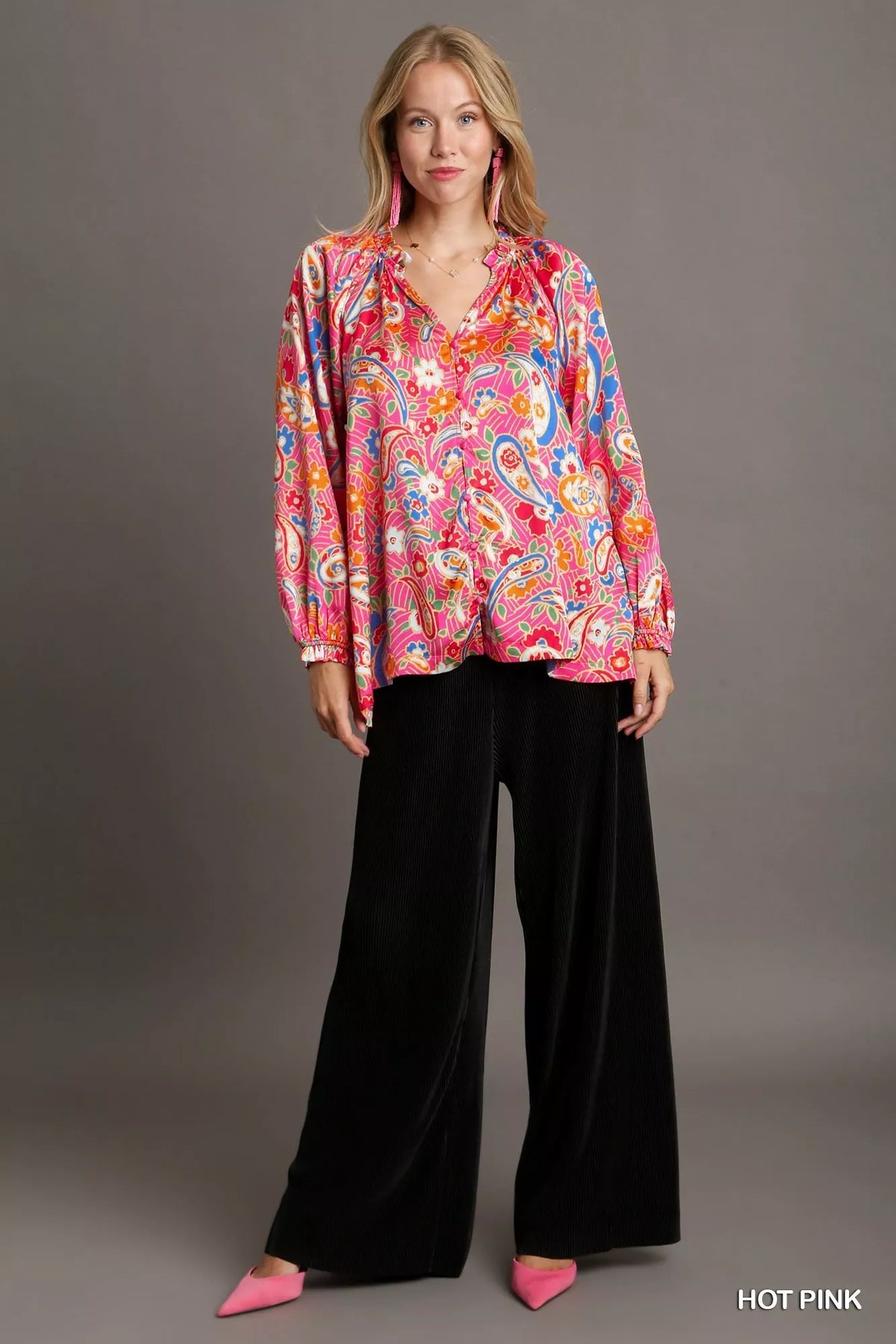 Umgee Full Size Satin Paisley Ruffle Neck Button-Up Shirt Plus Size in Hot Pink, view 5
