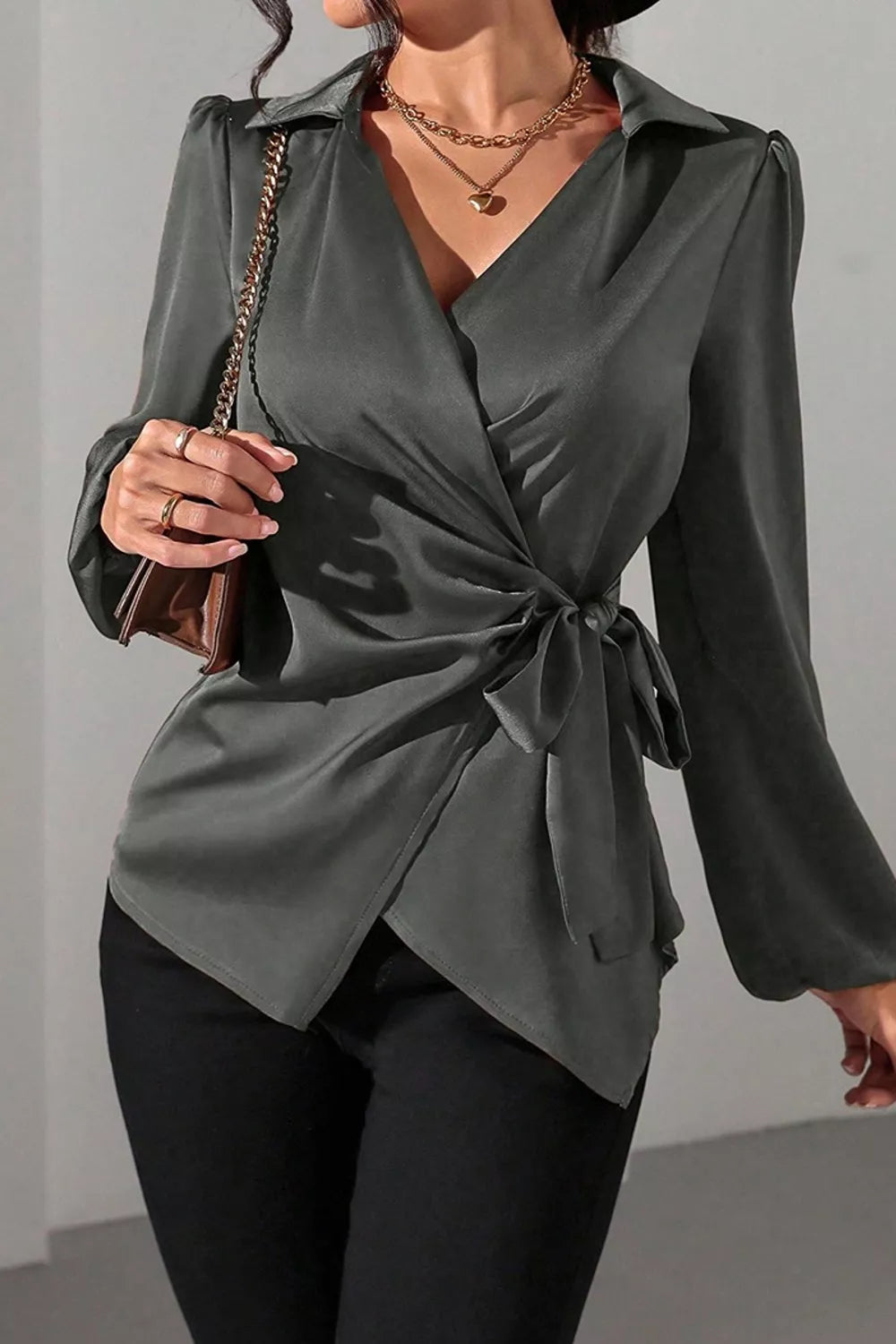 Satin Tied Detail Long Sleeve Blouse in Dark Gray