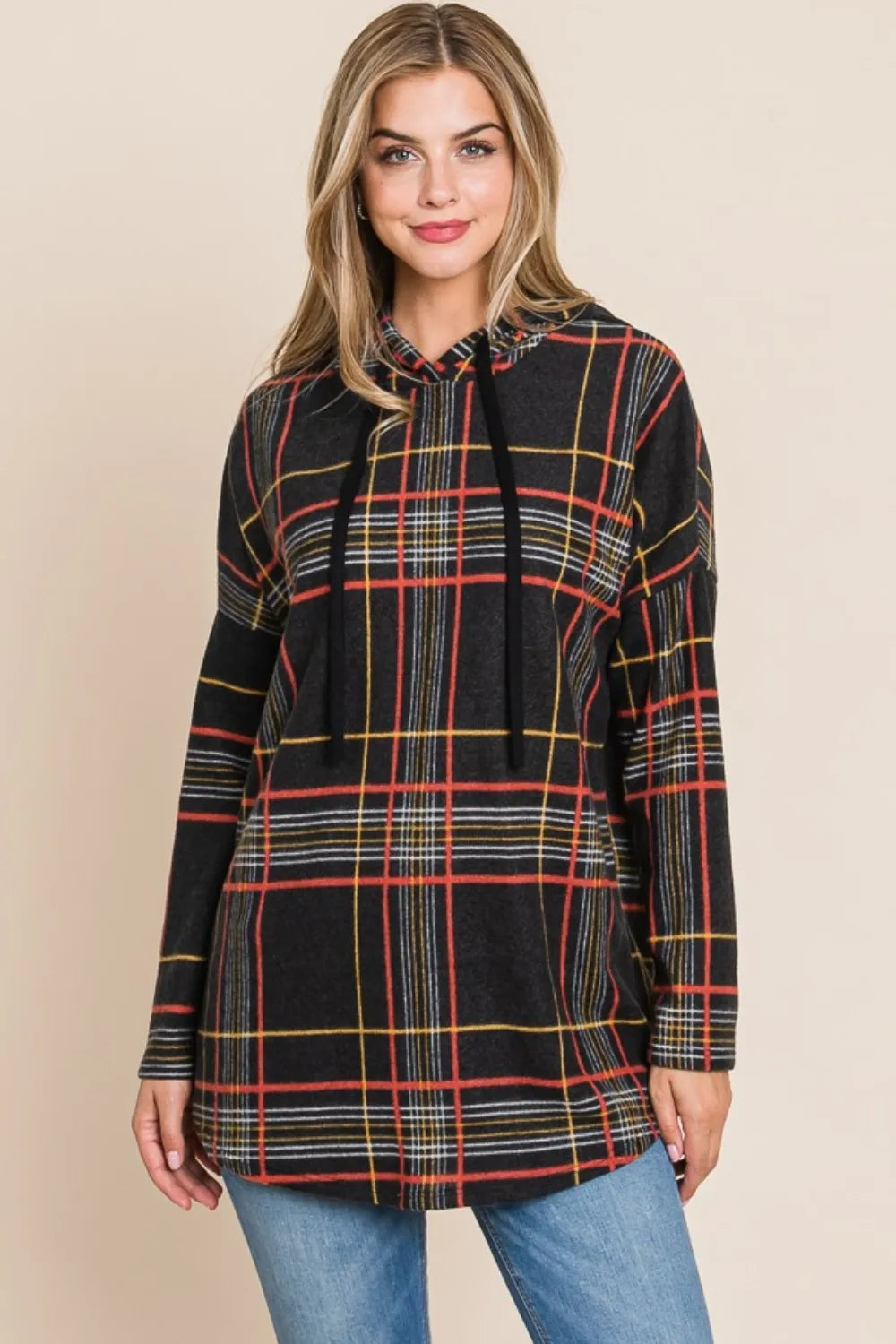 BOMBOM Drawstring Plaid Long Sleeve Hoodie - Lilixa.store