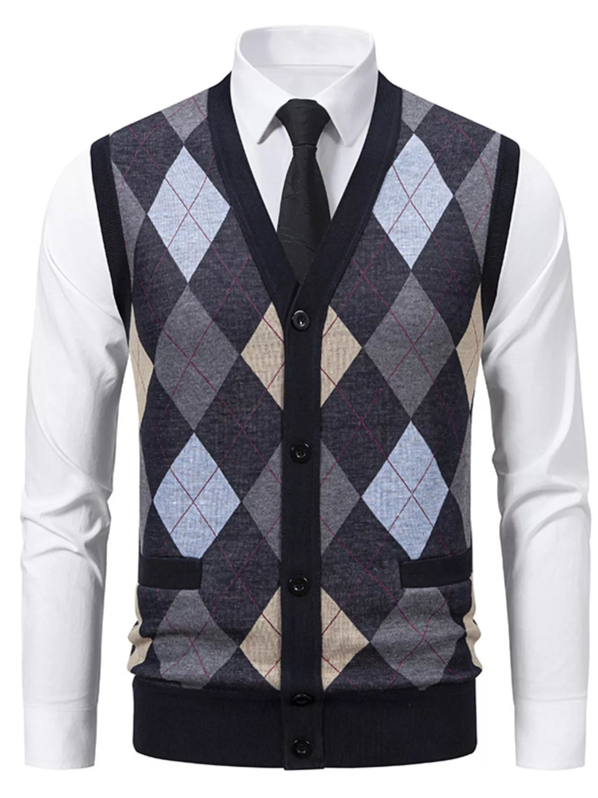 Men's Plus Size Argyle Pattern V-Neck Button-Down Cardigan Vest - Lilixa.store