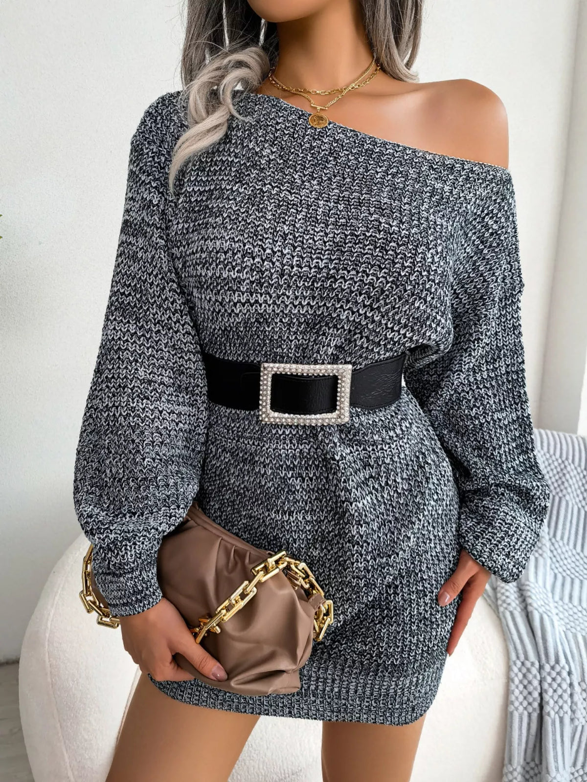 Multi-Color One-Shoulder Sweater Dress, view 6