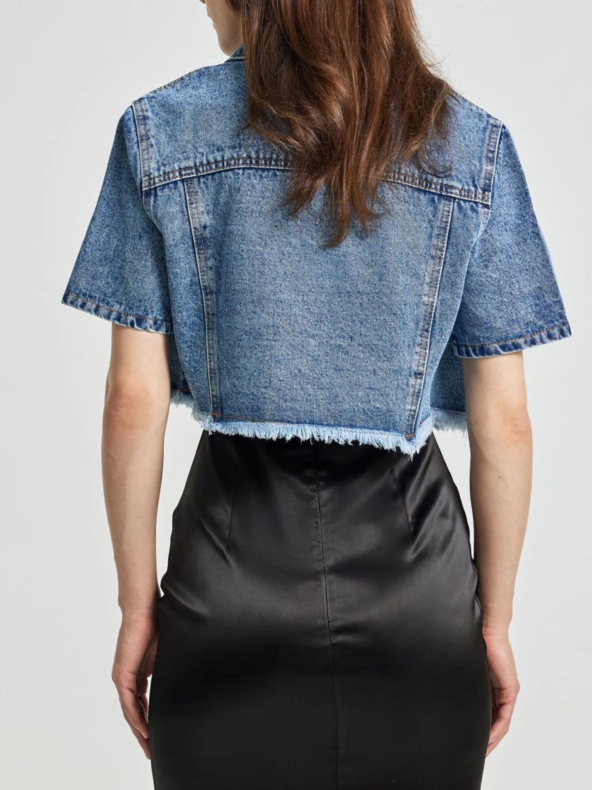 Cropped Short Sleeve Denim Jacket with Frayed Hem in Blue, view 10