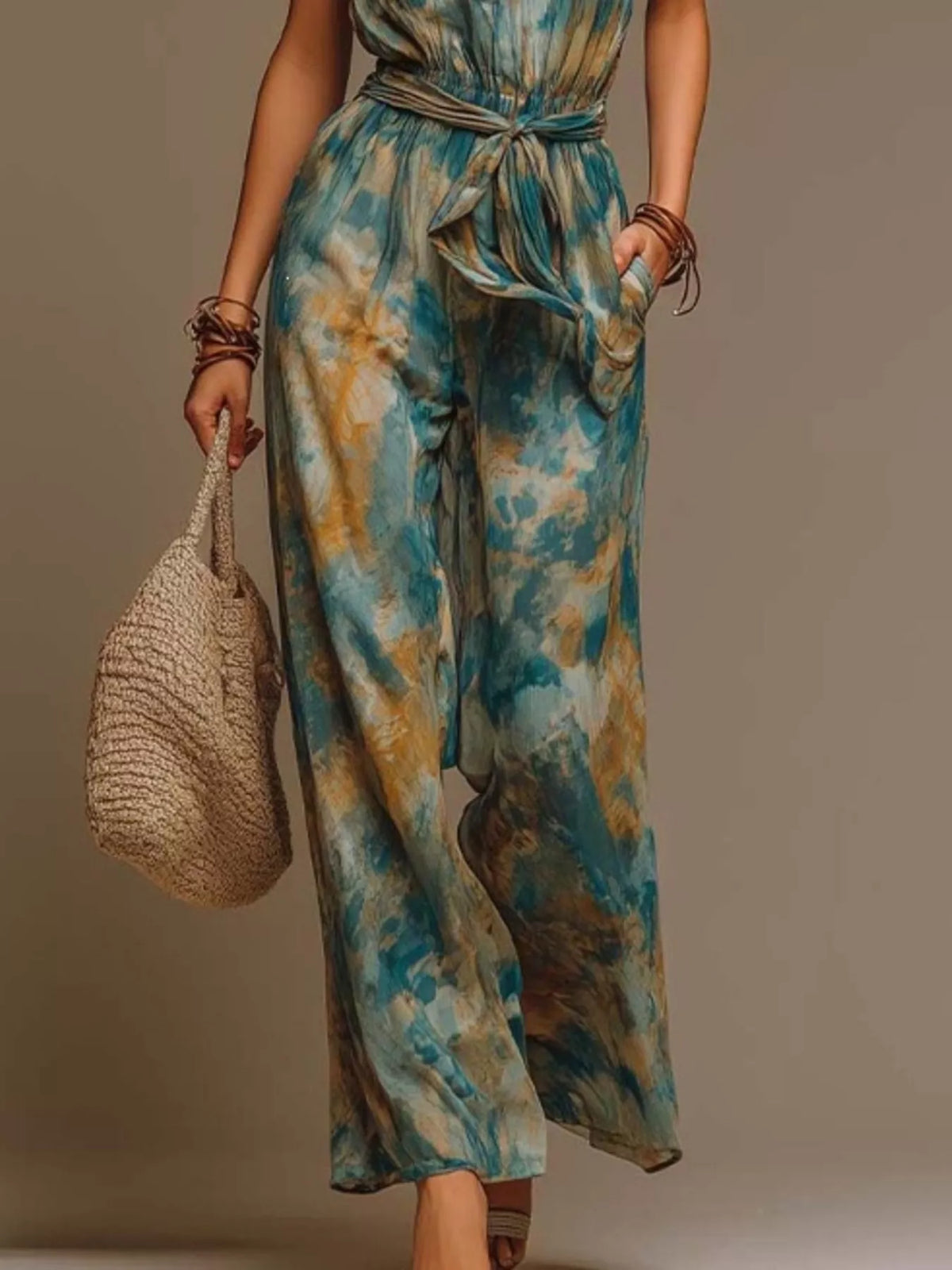 Full Size Tie-Dye Halter Neck Wide-Leg Jumpsuit Plus Size