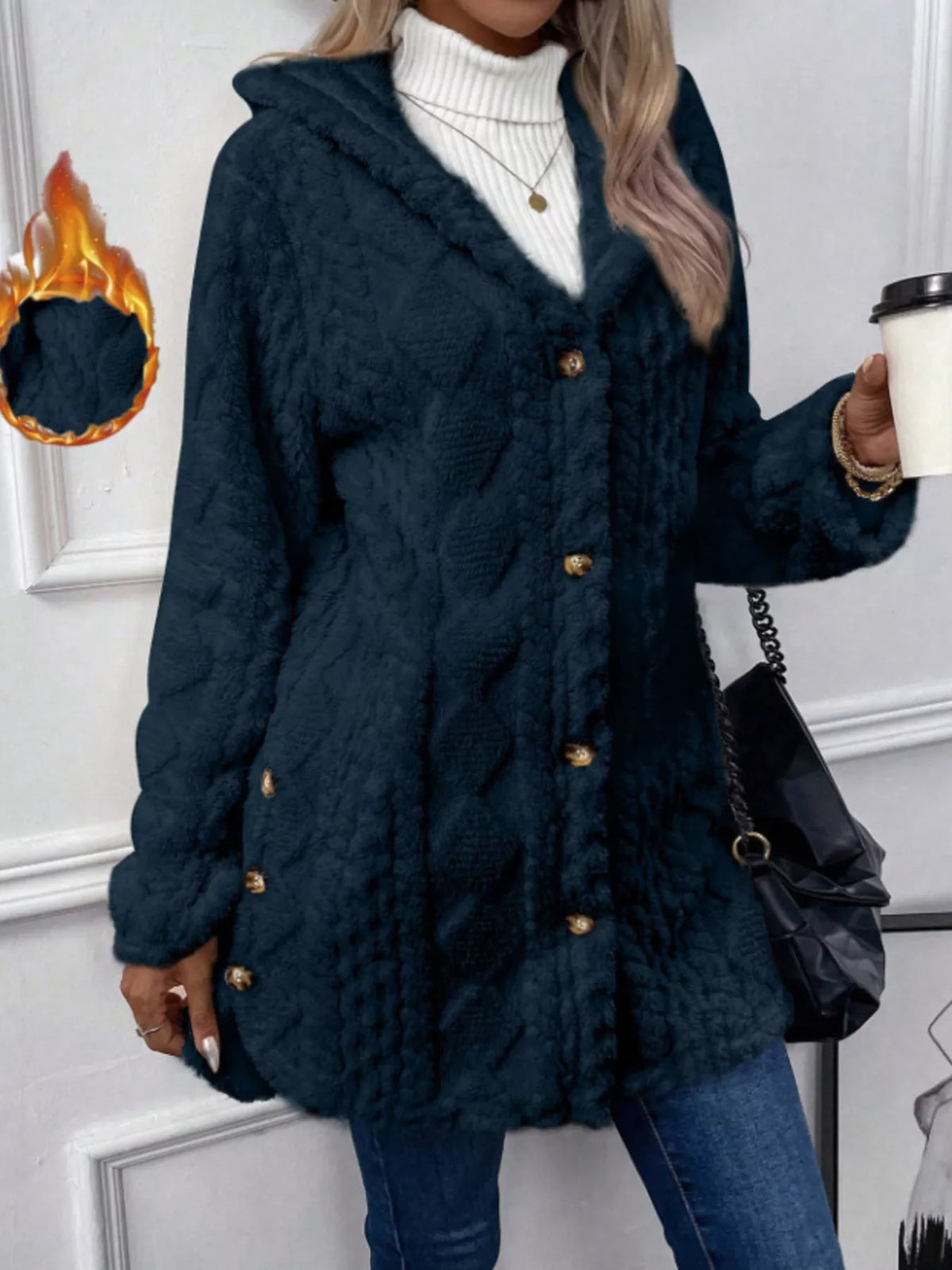 Full Size Button-Down Hooded Outerwear Plus Size in Navy
