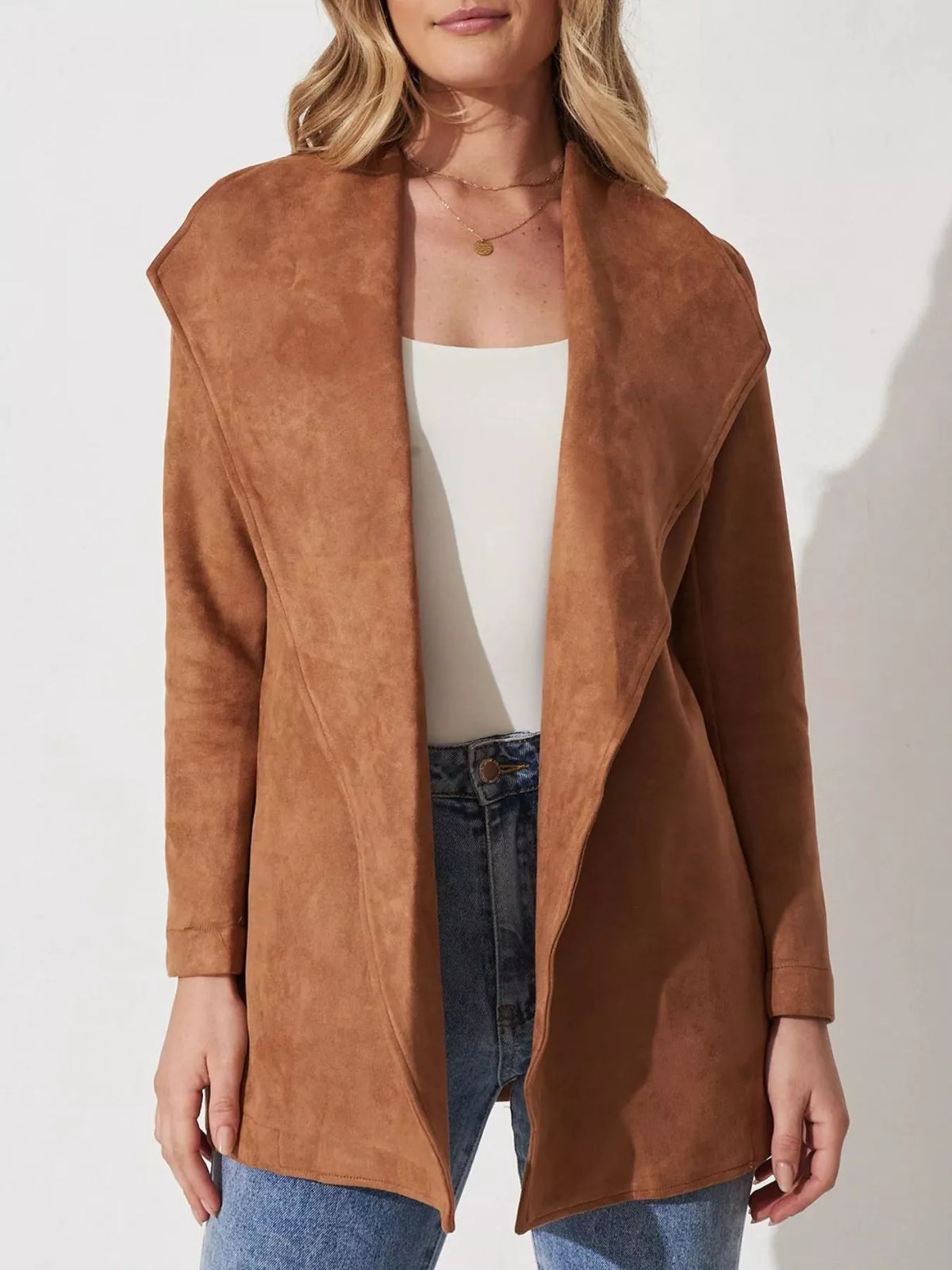 Suede Tie Waist Long Sleeve Outerwear in Bronze