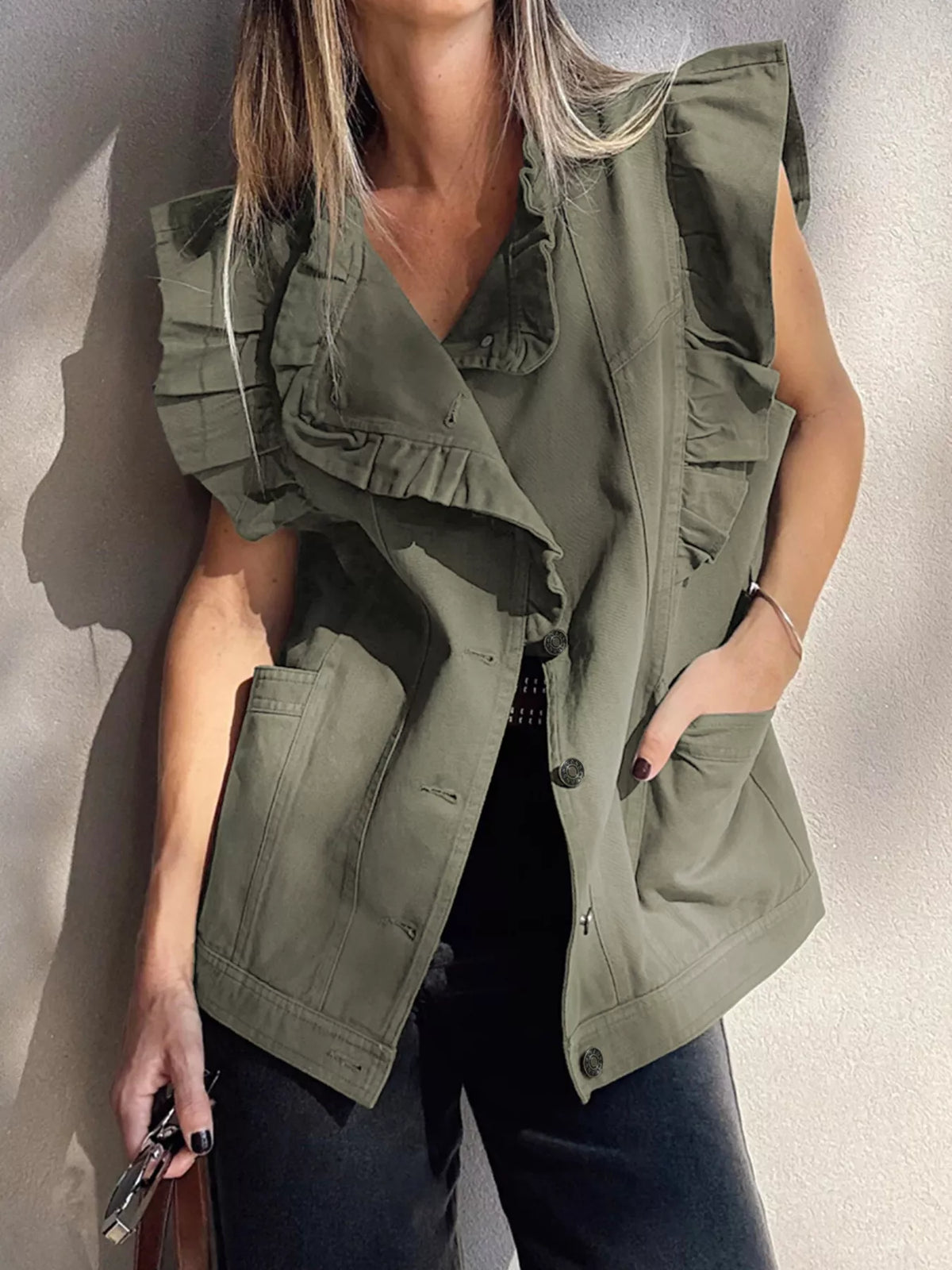 Ruffled Patchwork Denim Jacket Vest in Army Green, view 3