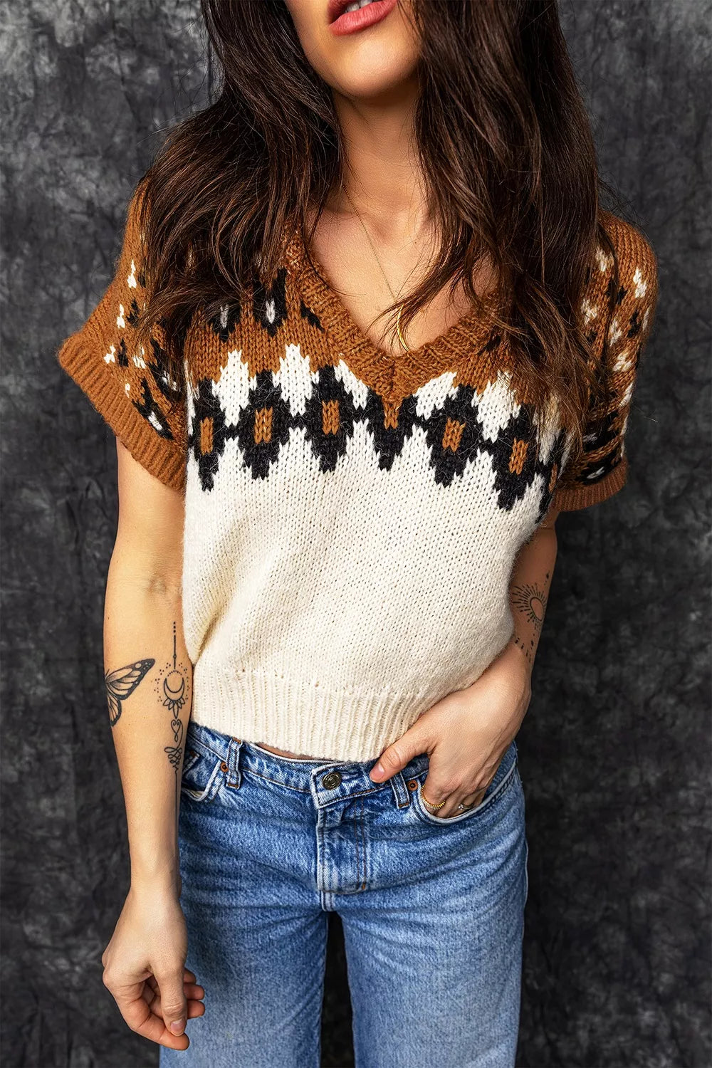 V Neck Short Sleeve Geometric Sweater - Lilixa.store