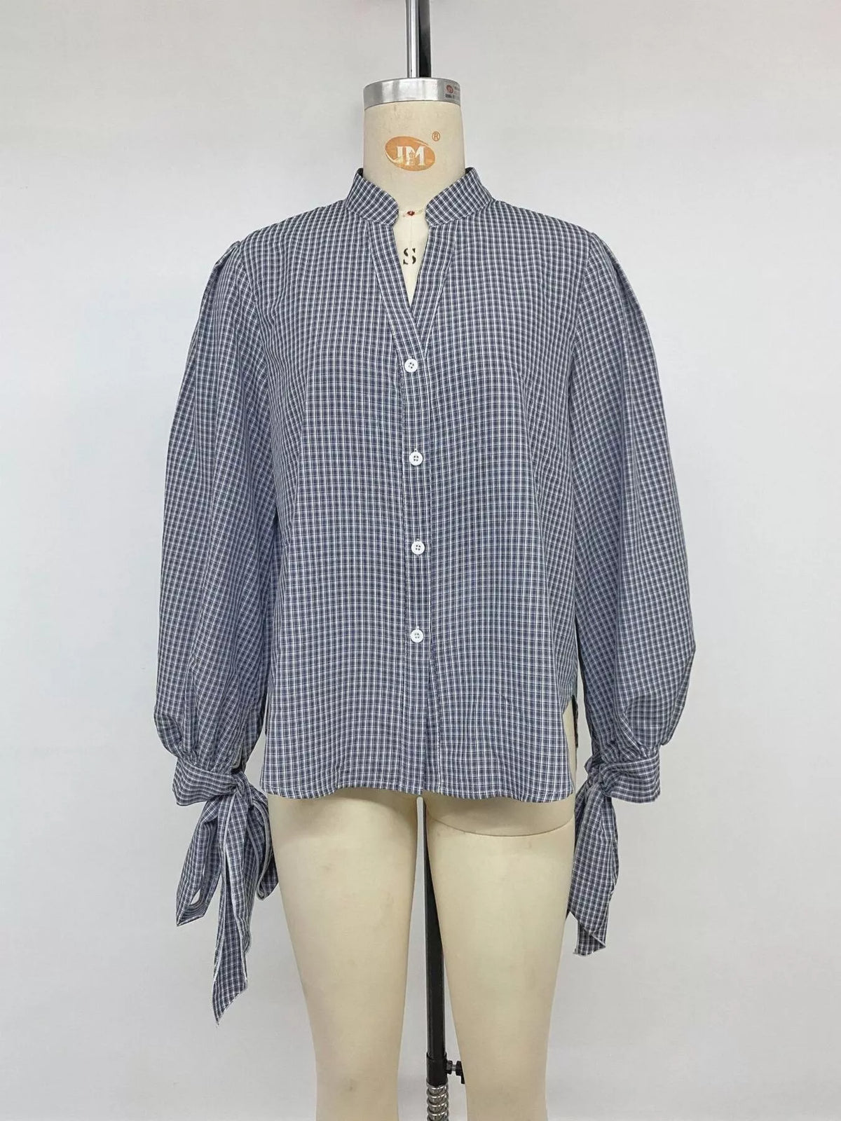 Gingham Button Up Shirt with Tie-Sleeve Detail in Navy, view 14