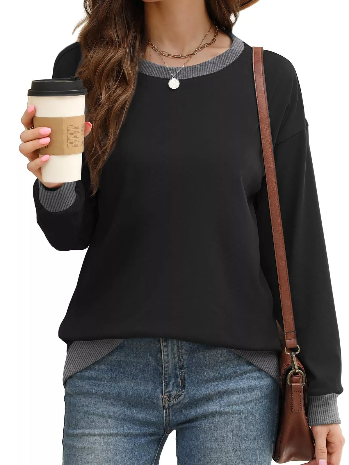 Contrast Trim Crew Neck Casual Sweatshirt - Lilixa.store