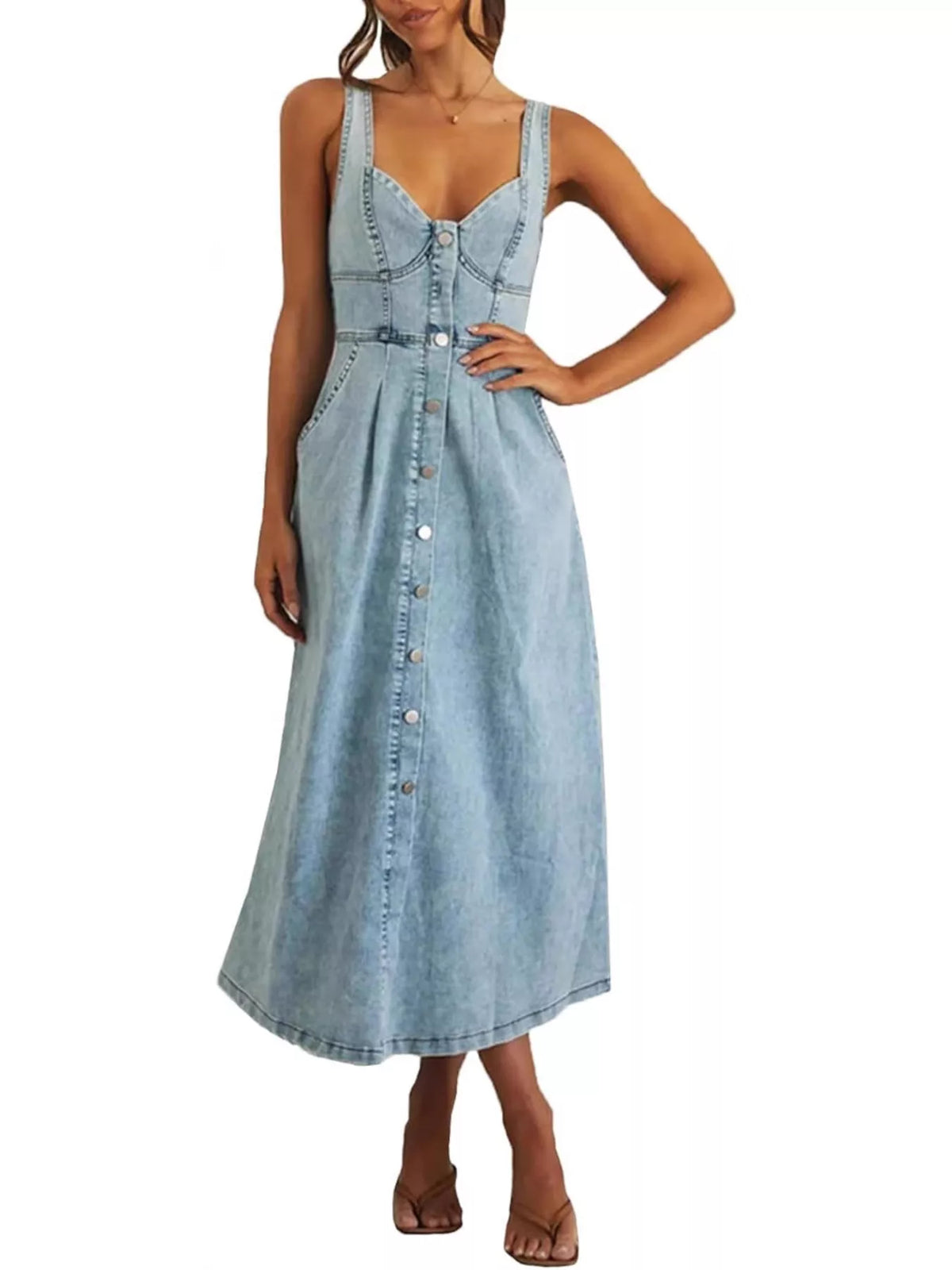 Smocked Back Button Front Denim Midi Dress