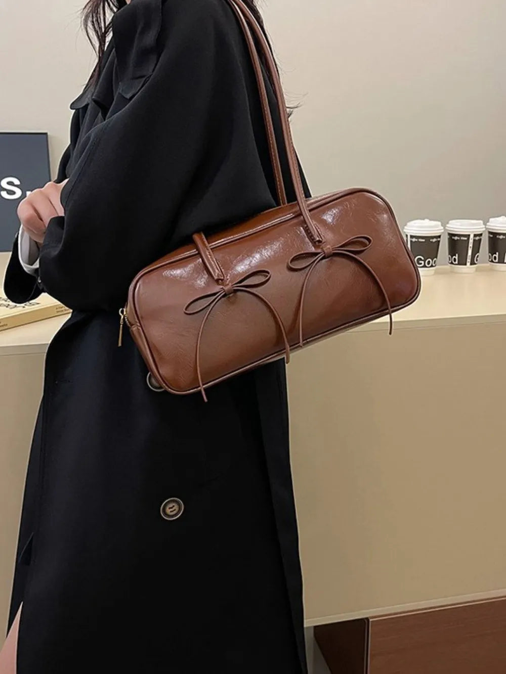 PU Leather Bow Trim Shoulder Bag - Lilixa.store
