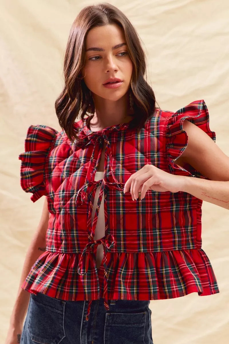 SO ME Christmas Holiday Plaid Ruffled Quilt Vest Top - Lilixa.store