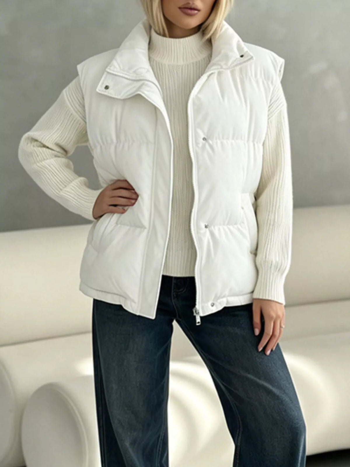 Snap-Button Placket Quilted Puffer Vest Coat, view 12