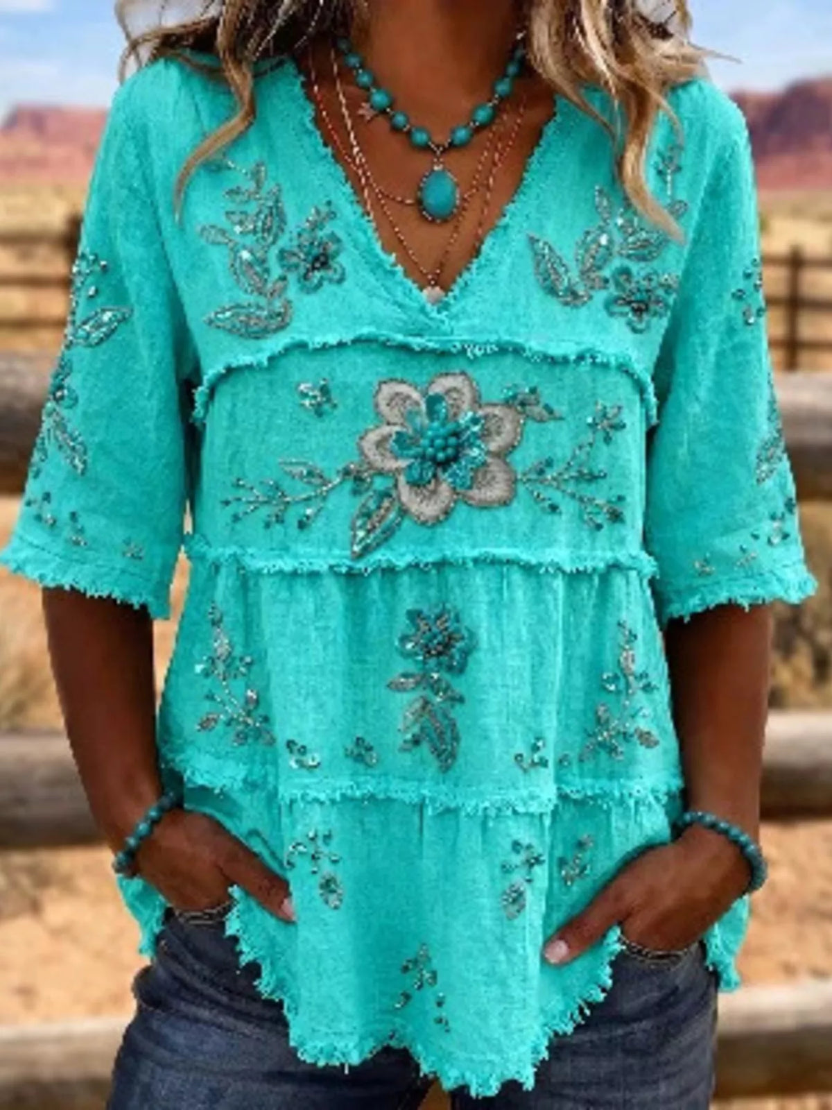 Full Size Floral Raw Hem V-Neck Blouse Plus Size - Lilixa.store