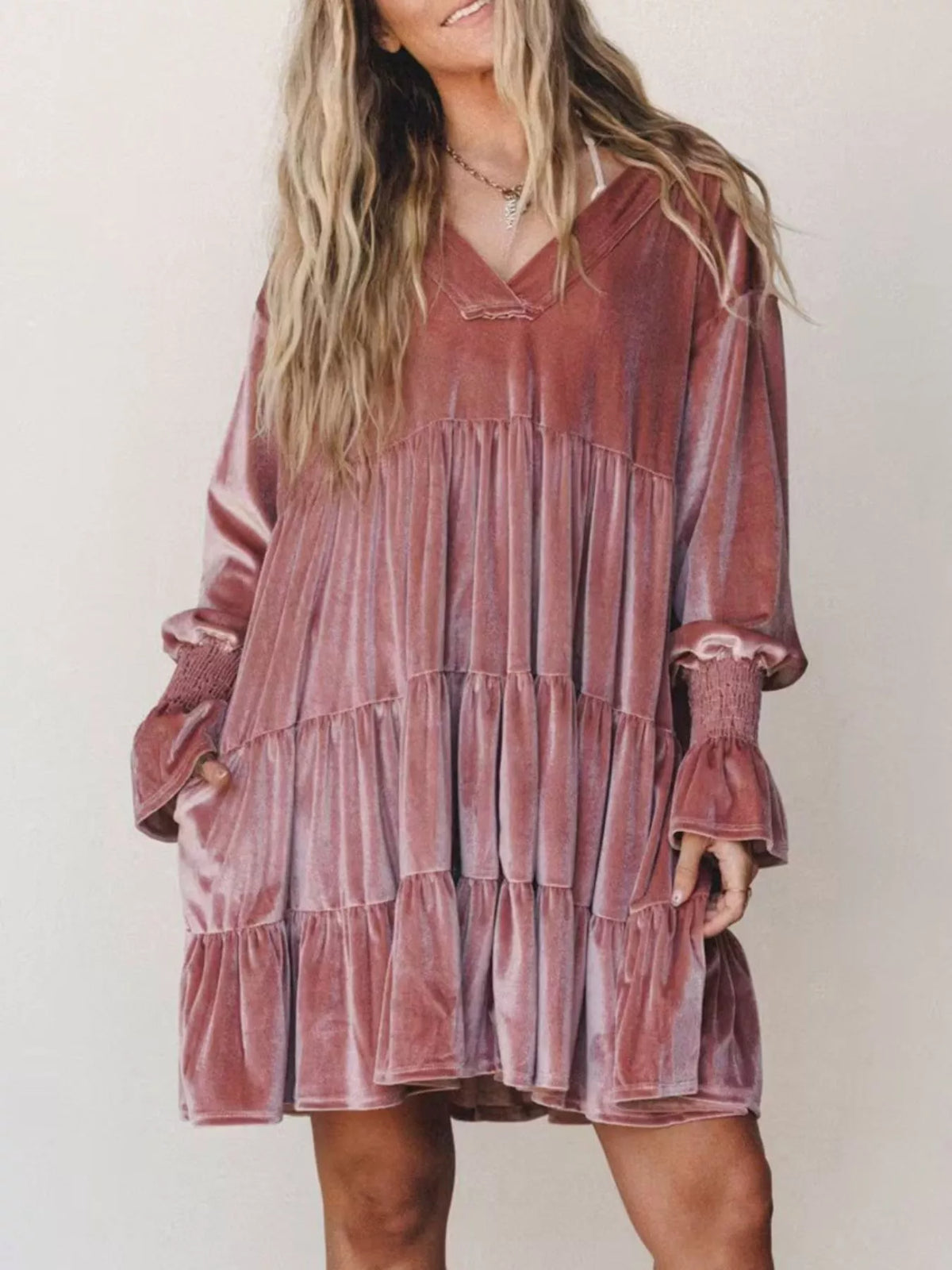Velvet Tiered Mini Dress with Balloon Sleeves