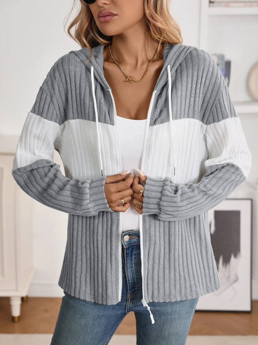 Drawstring Color Block Zip Up Outerwear - Lilixa.store