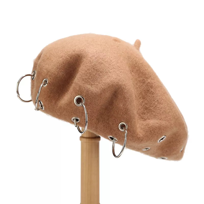 Metal Ring Embellished Beret Hat - Lilixa.store