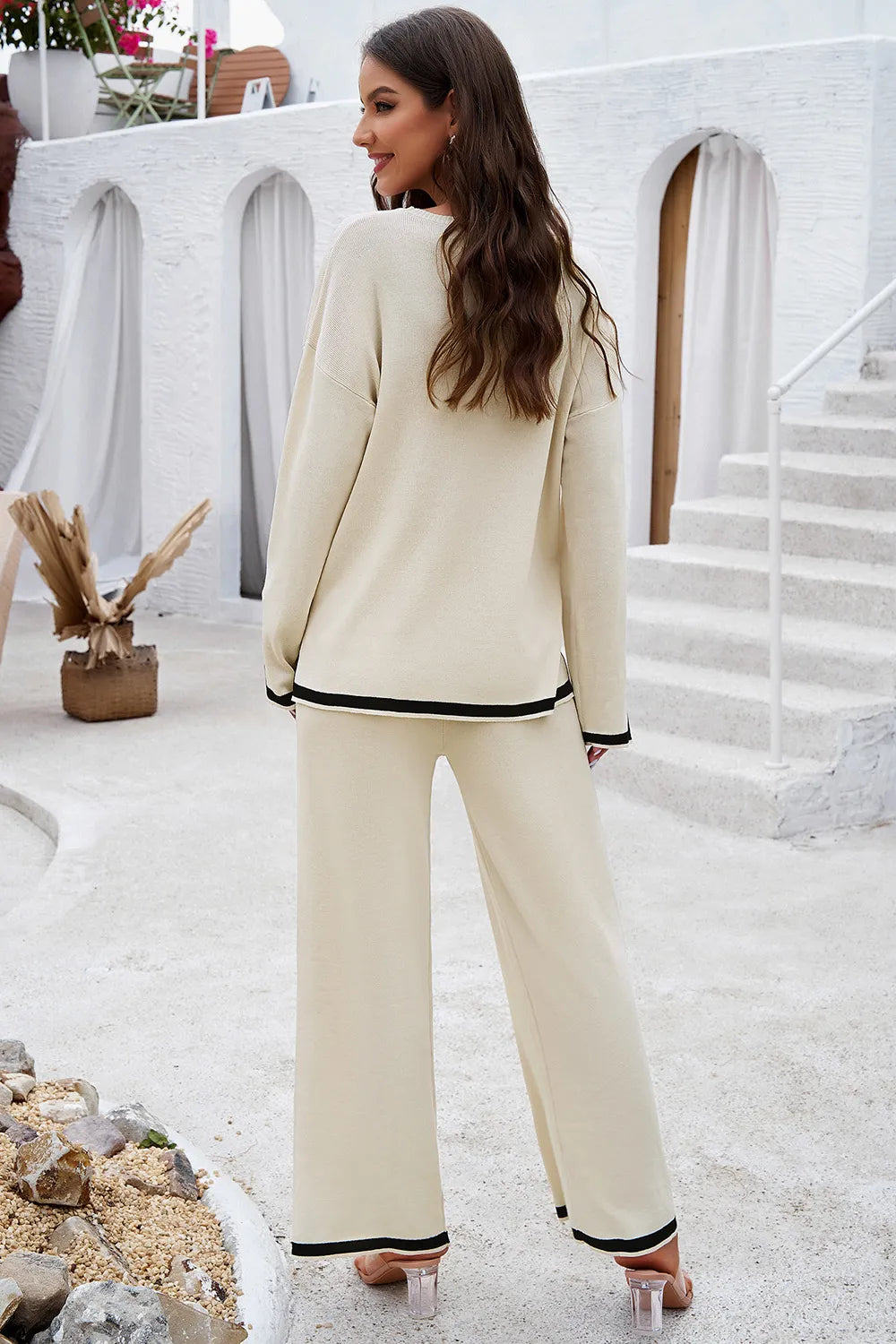 Devine Contrast Trim Round Neck Top and Pants Set - Lilixa.store