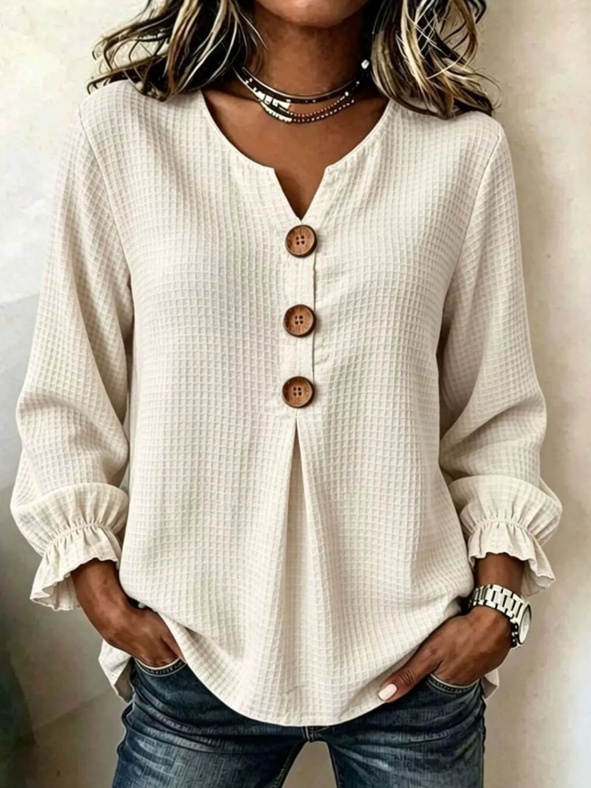 Full Size Waffle Knit Flounce Sleeve Blouse Plus Size in Beige