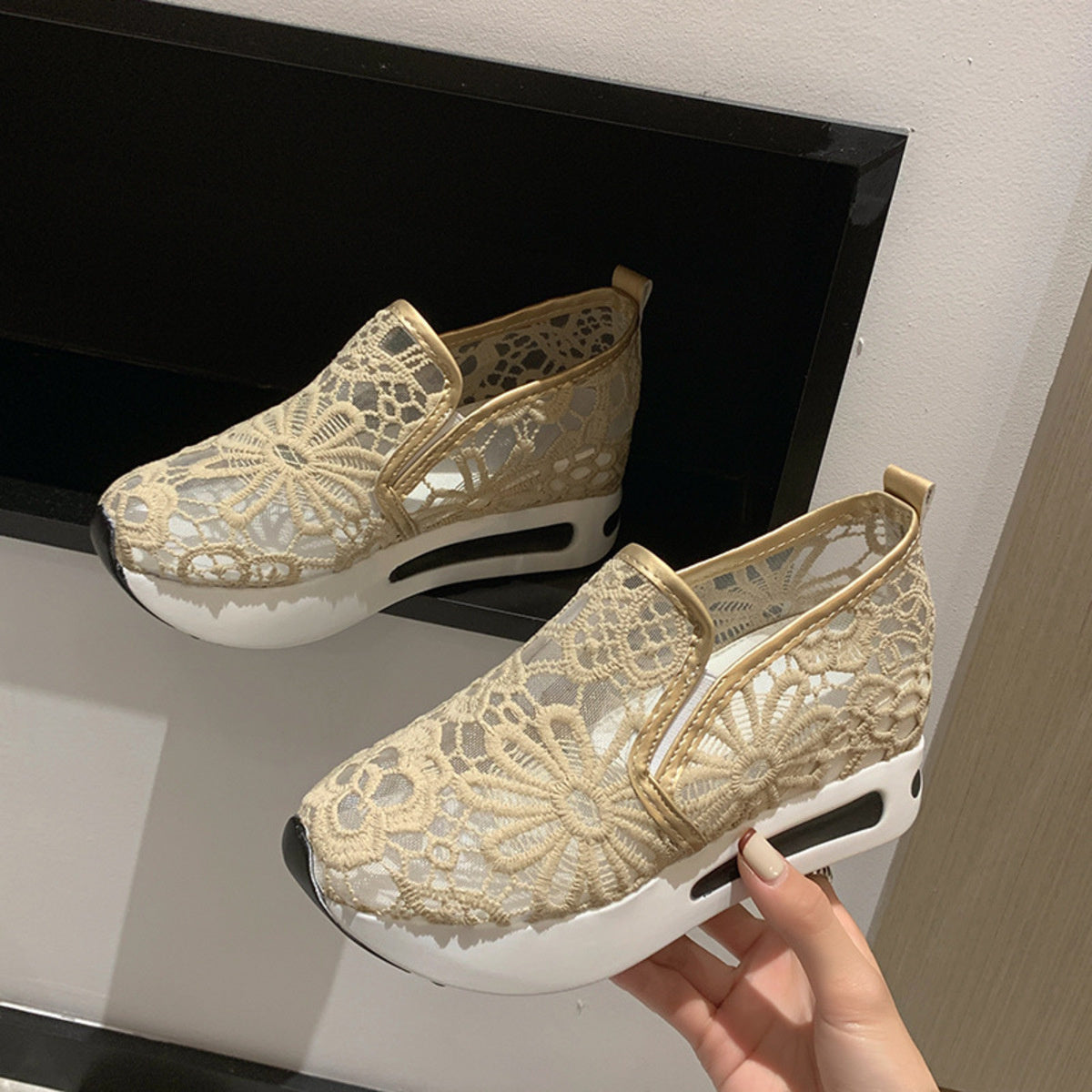 Lace Breathable Platform Slip-On in Khaki