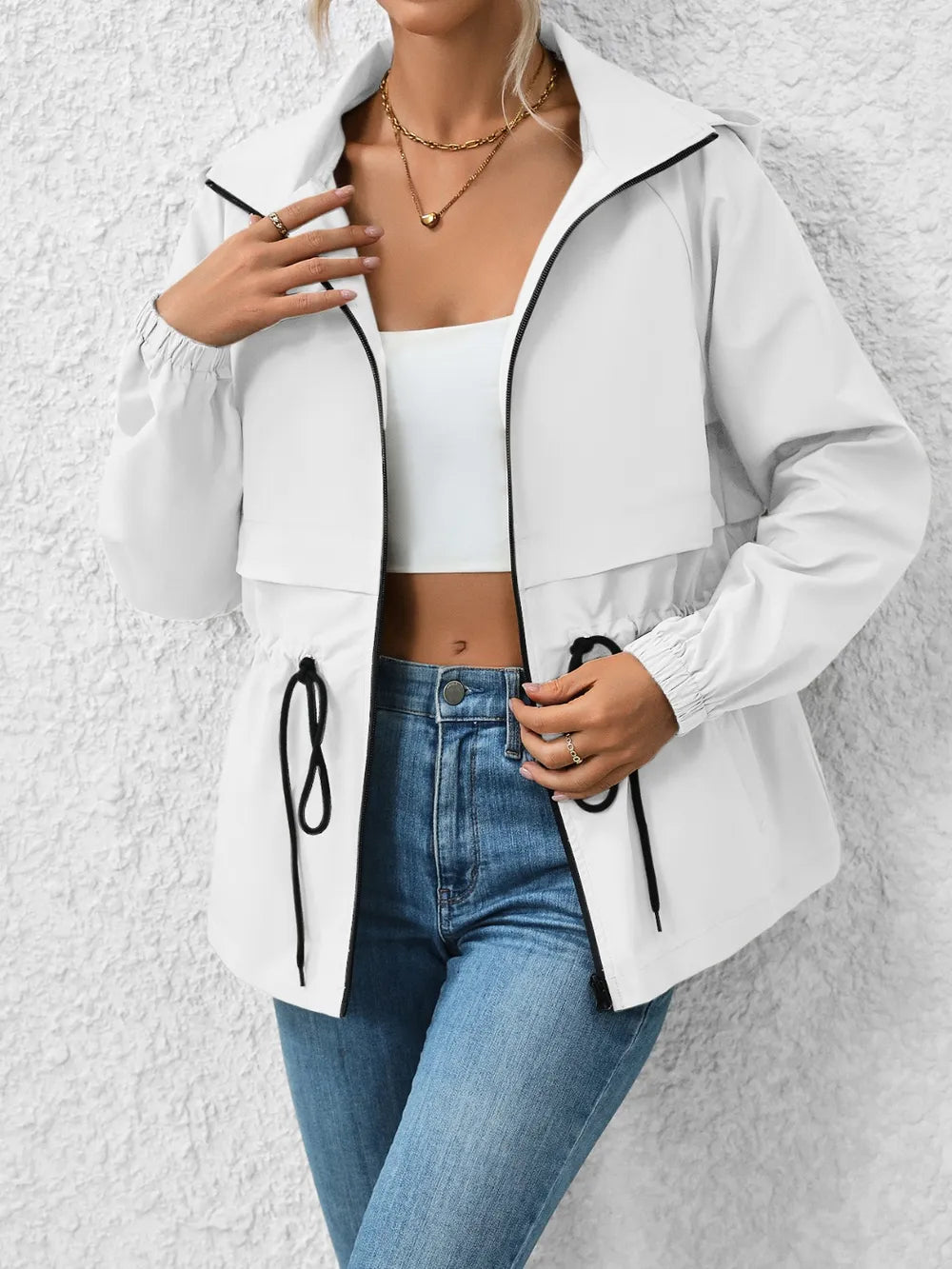 Ivy Lane Drawstring Zip Up Hooded Jacket in White