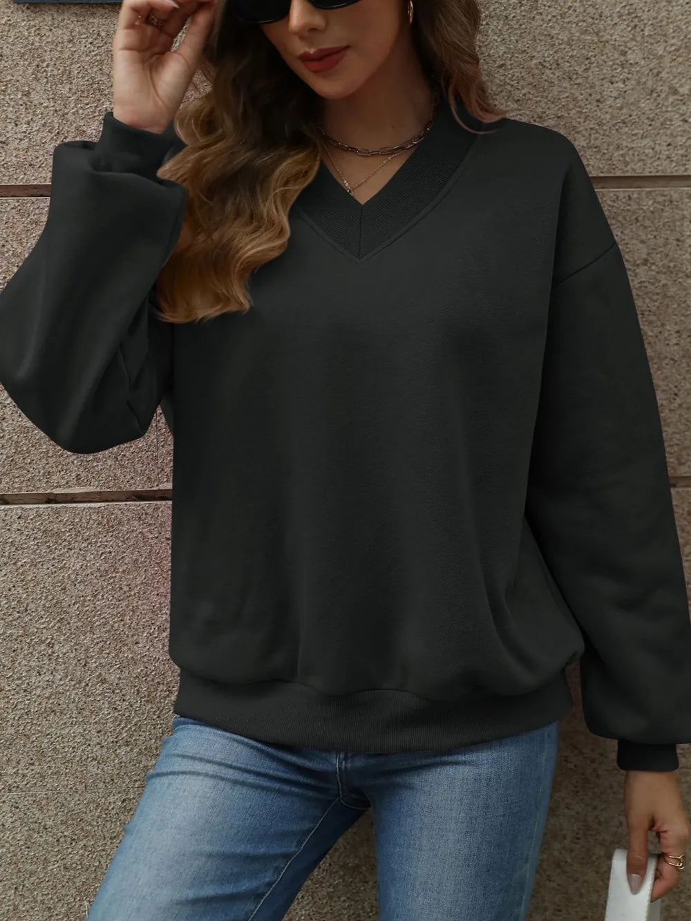 V-Neck Long Sleeve Dropped Shoulder Sweatshirt - Lilixa.store