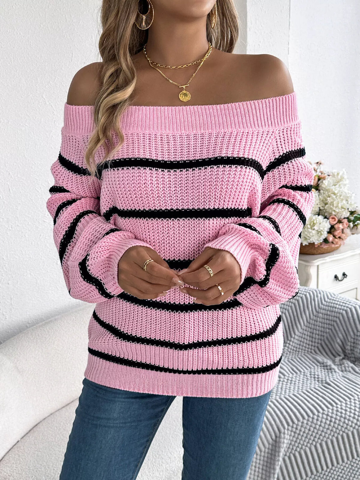 Off-Shoulder Striped Contrast Sweater, view 4