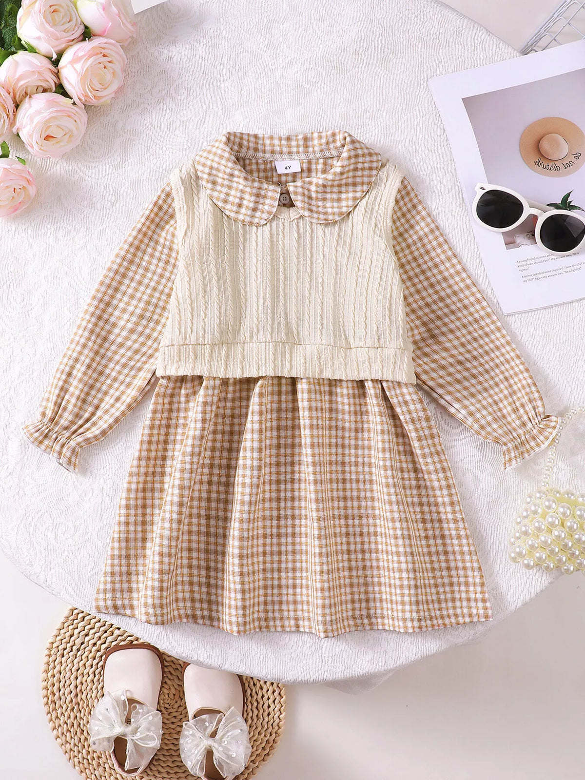 Children's Plaid Peter Pan Collar Dress and Knitted Vest Set in Apricot Color