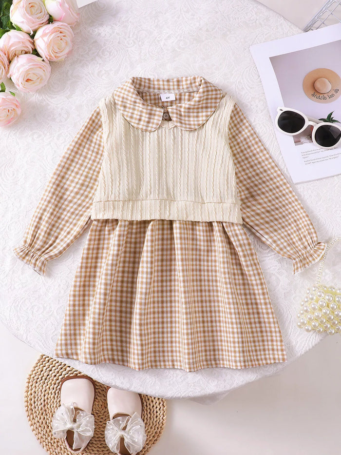 Children's Plaid Peter Pan Collar Dress and Knitted Vest Set in Apricot Color