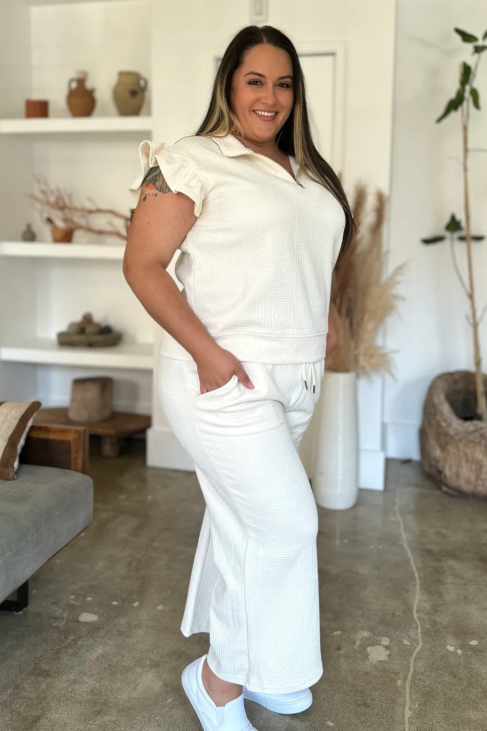 Double Take Full Size Texture Ruffle Short Sleeve Top and Wide Leg Pants Set, view 7