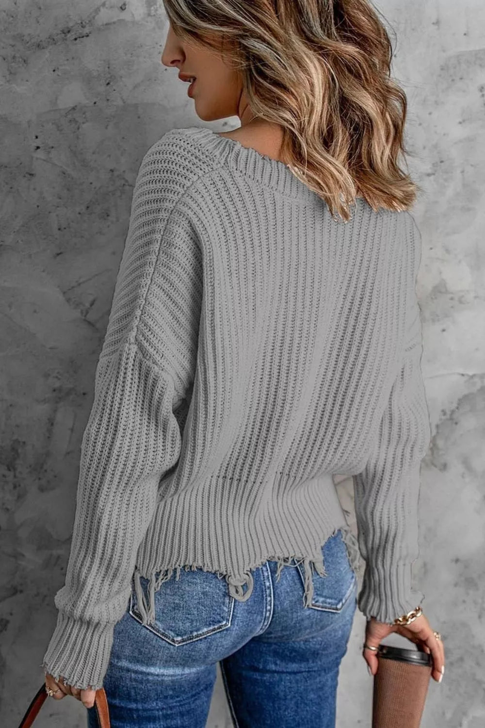 Full Size Raw Hem V-Neck Sweater Plus Size - Lilixa.store