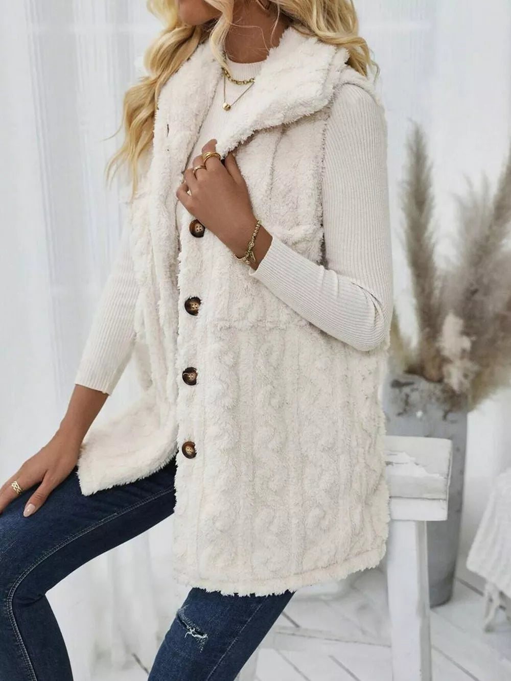 Fuzzy Button Up Vest Coat in Beige, view 2
