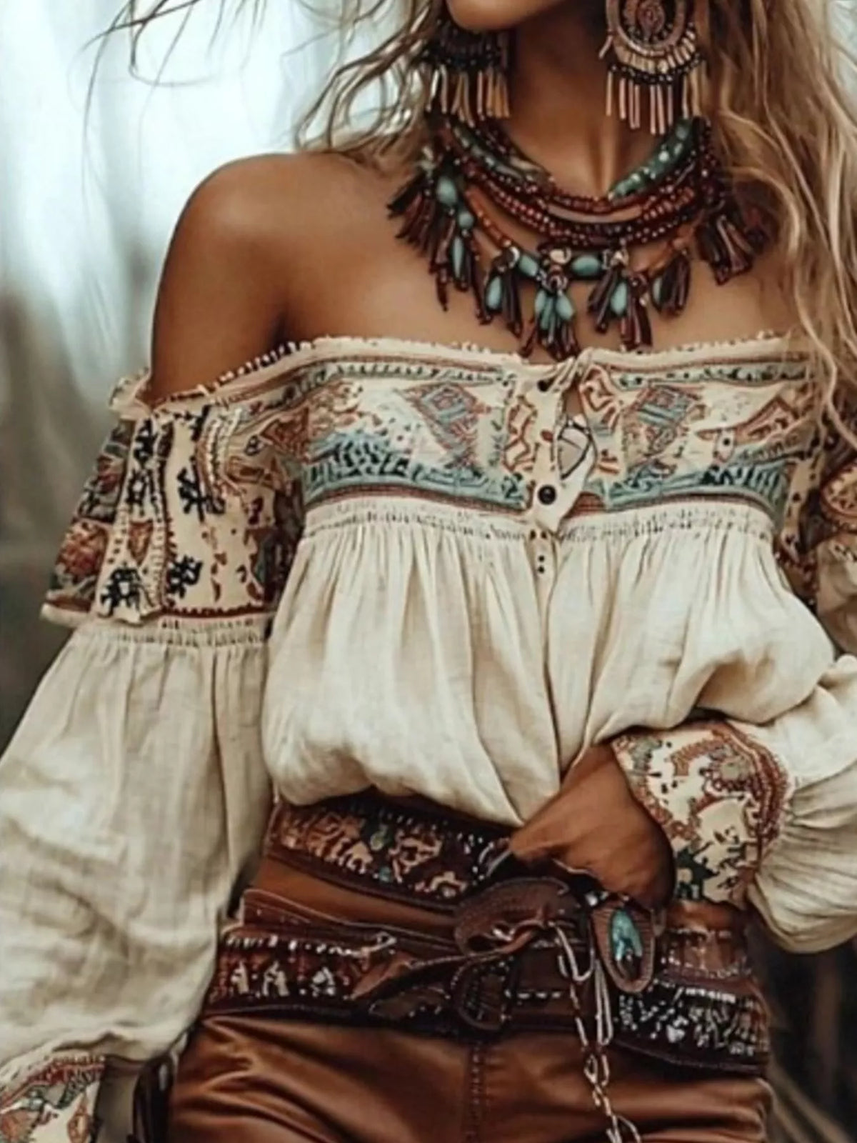 Off-Shoulder Printed Long Sleeve Blouse in Apricot, view 2