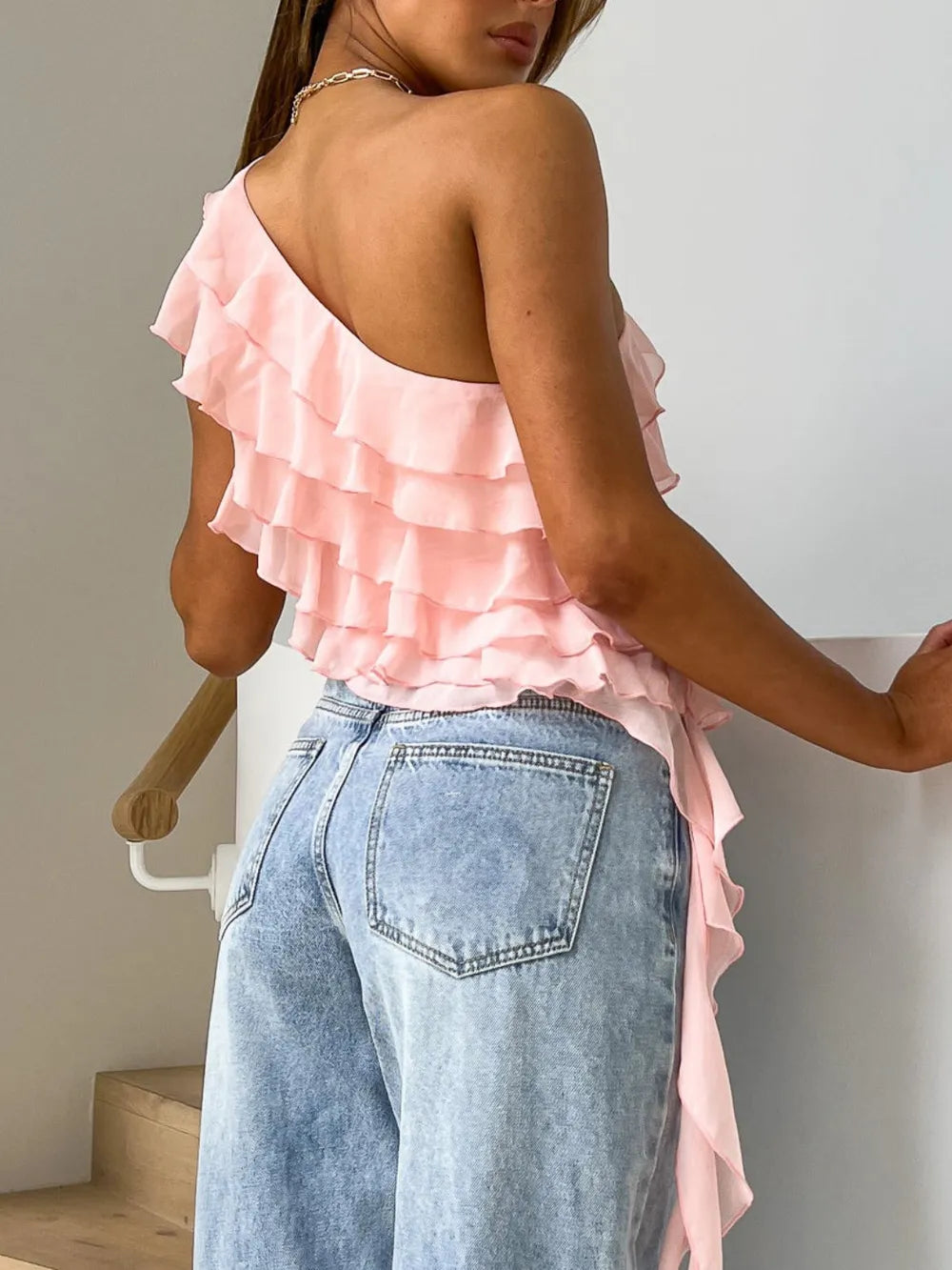 Layered Ruffled One Shoulder Tank - Lilixa.store
