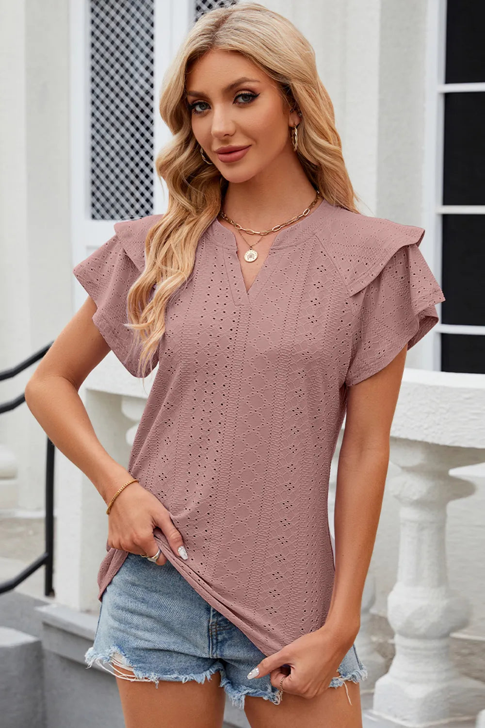 Eyelet Notched Flutter Sleeve T-Shirt - Lilixa.store