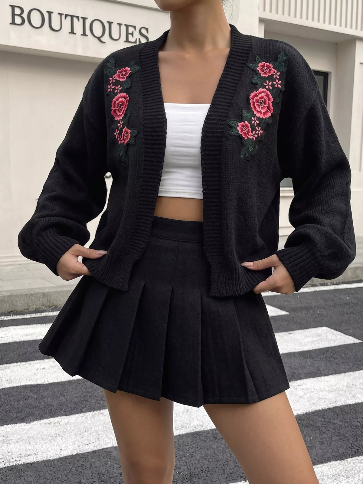 Floral Embroidered Applique Knit Cardigan in Black, view 5