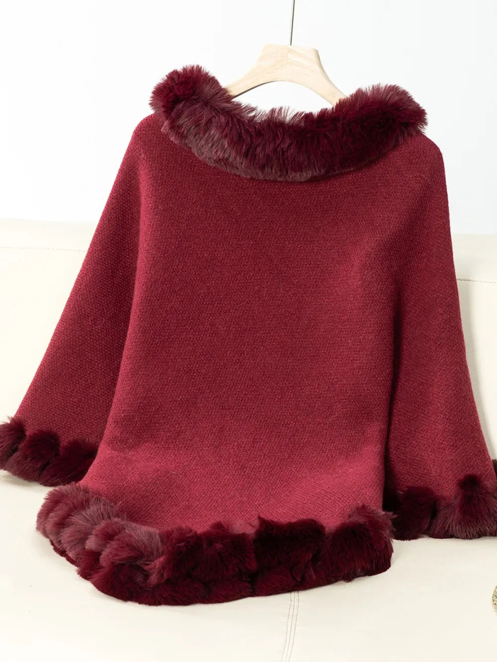 Fuzzy Trim Texture Three-Quarter Sleeve Poncho - Lilixa.store