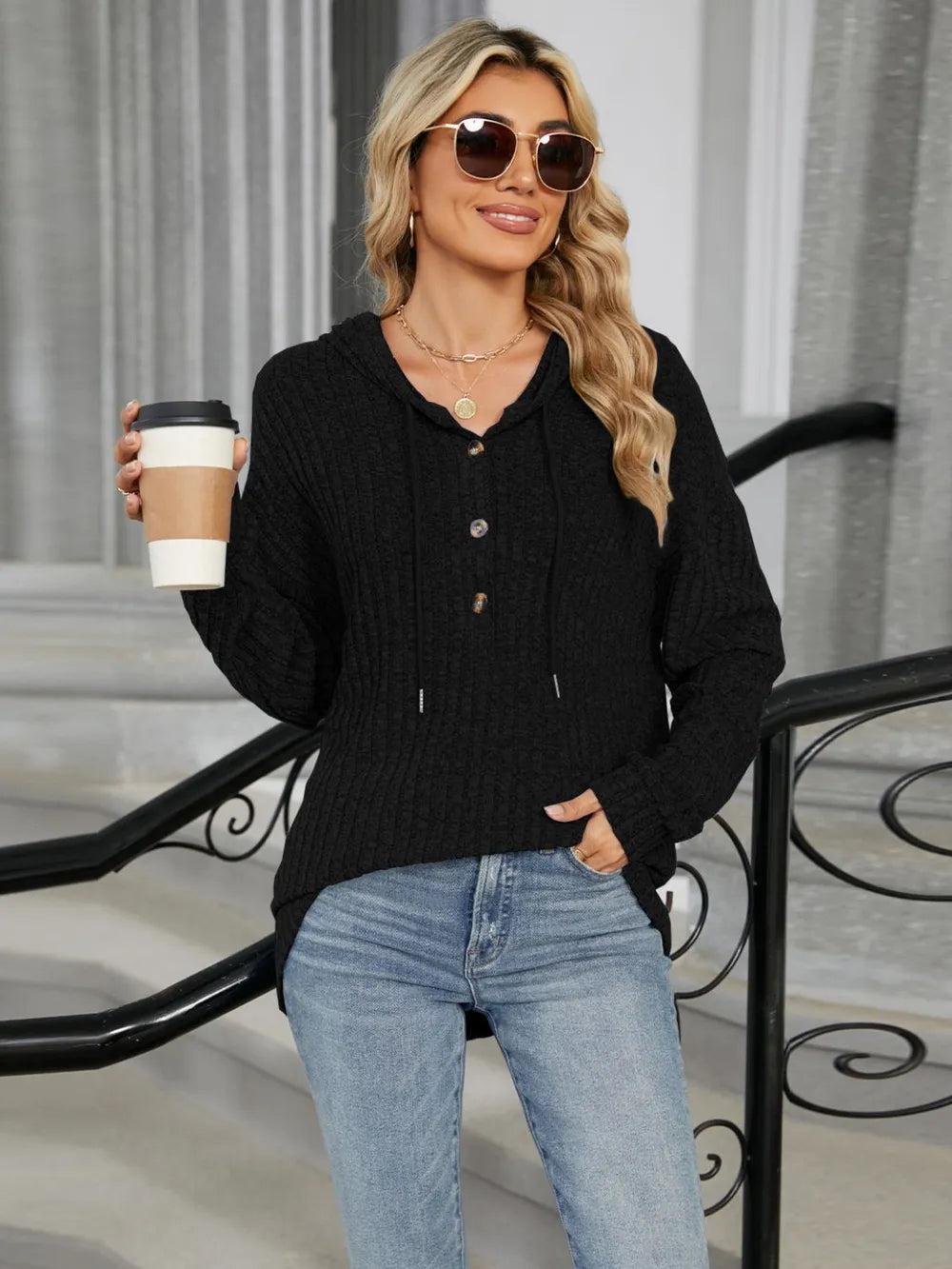 Half Button Long Sleeve Hooded Top - Lilixa.store