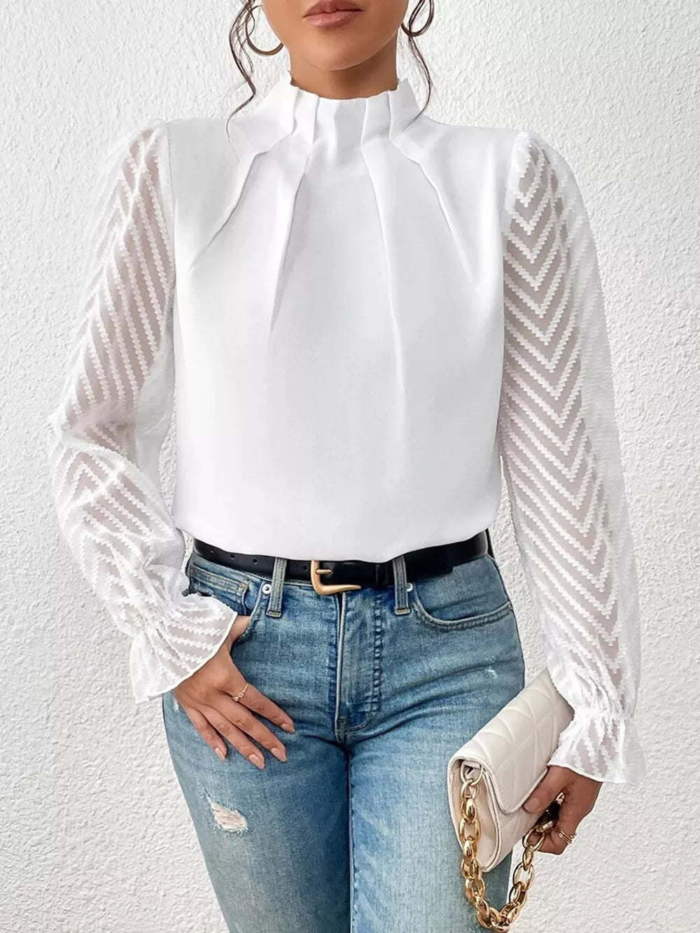 Mock Neck Flounce Sleeve Blouse - Lilixa.store