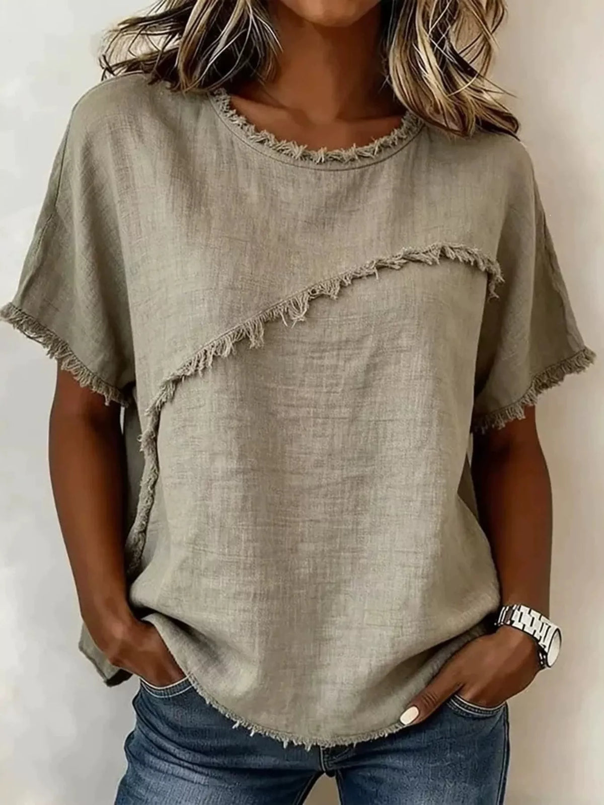 Full Size Frayed Hem Short Sleeve Top Plus Size - Lilixa.store