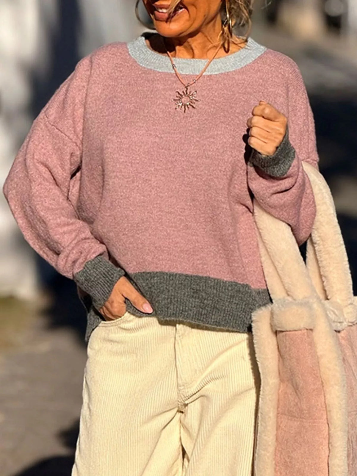 Contrast Trim Crew Neck Sweater