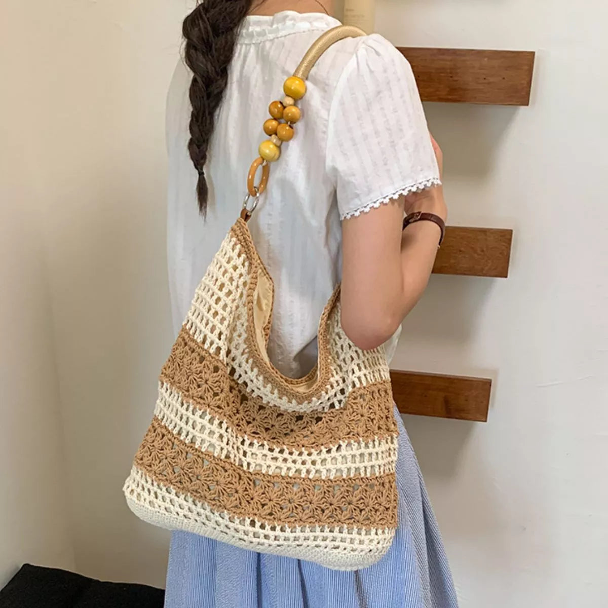 Crochet Knit Shoulder Bag in Caramel, view 6