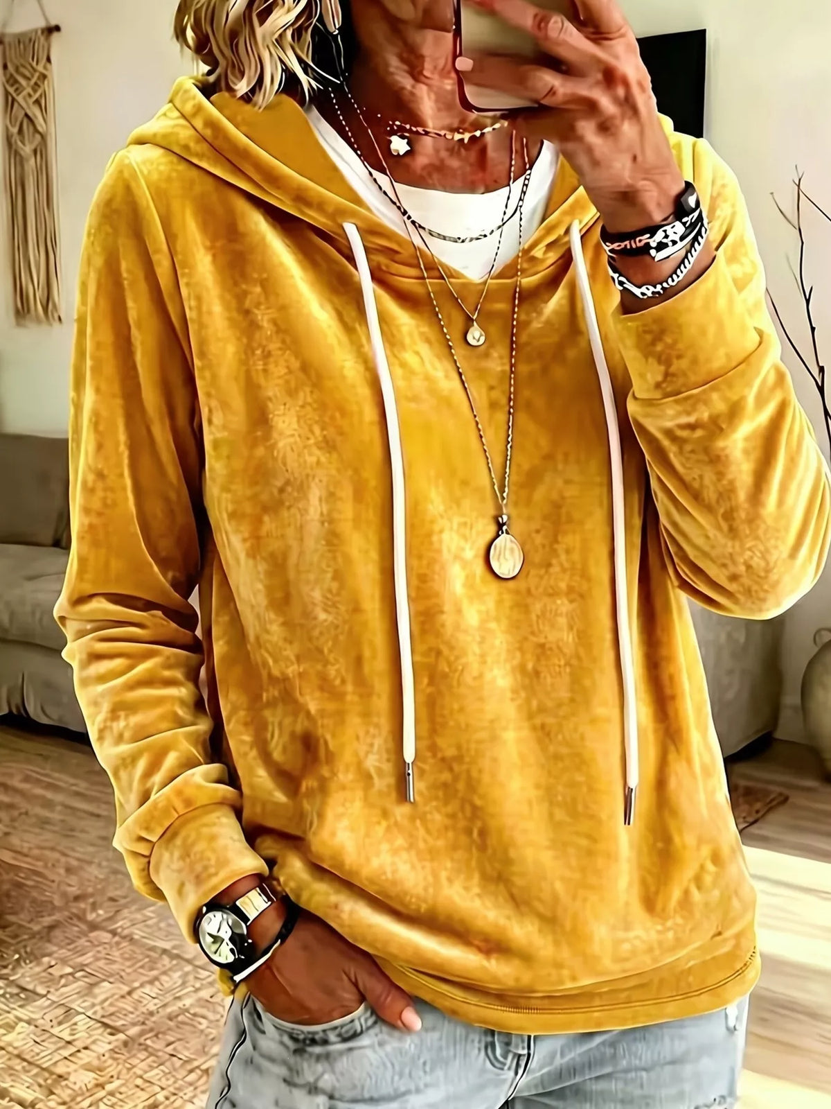 Full Size Drawstring Velvet Long Sleeve Hoodie Plus Size in Yellow
