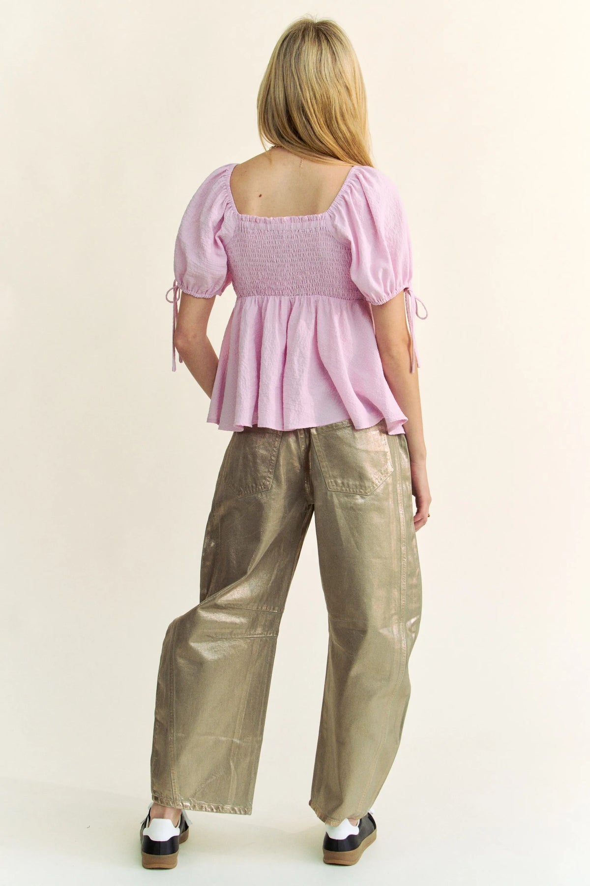Davi & Dani Solid Elastic Peplum Puffed Sleeves Blouse - Lilixa.store