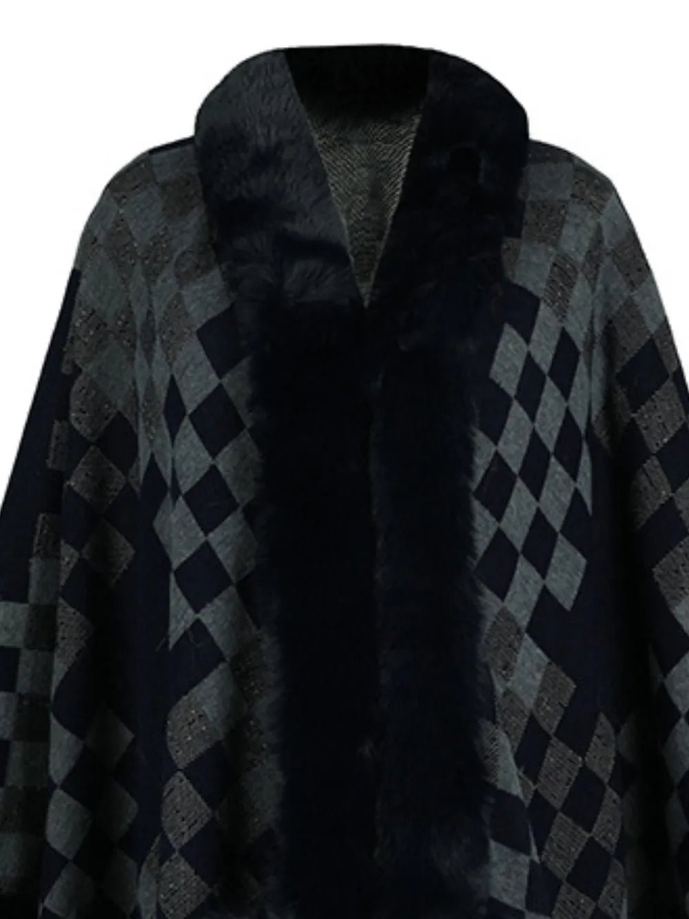 Fuzzy Checkered Long Sleeve Poncho - Lilixa.store