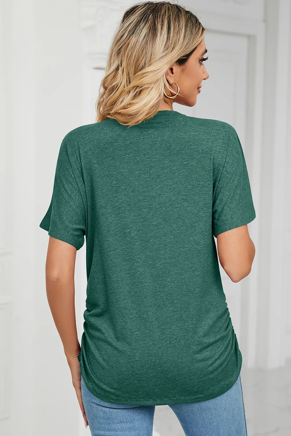 Ruched V-Neck Short Sleeve T-Shirt - Lilixa.store