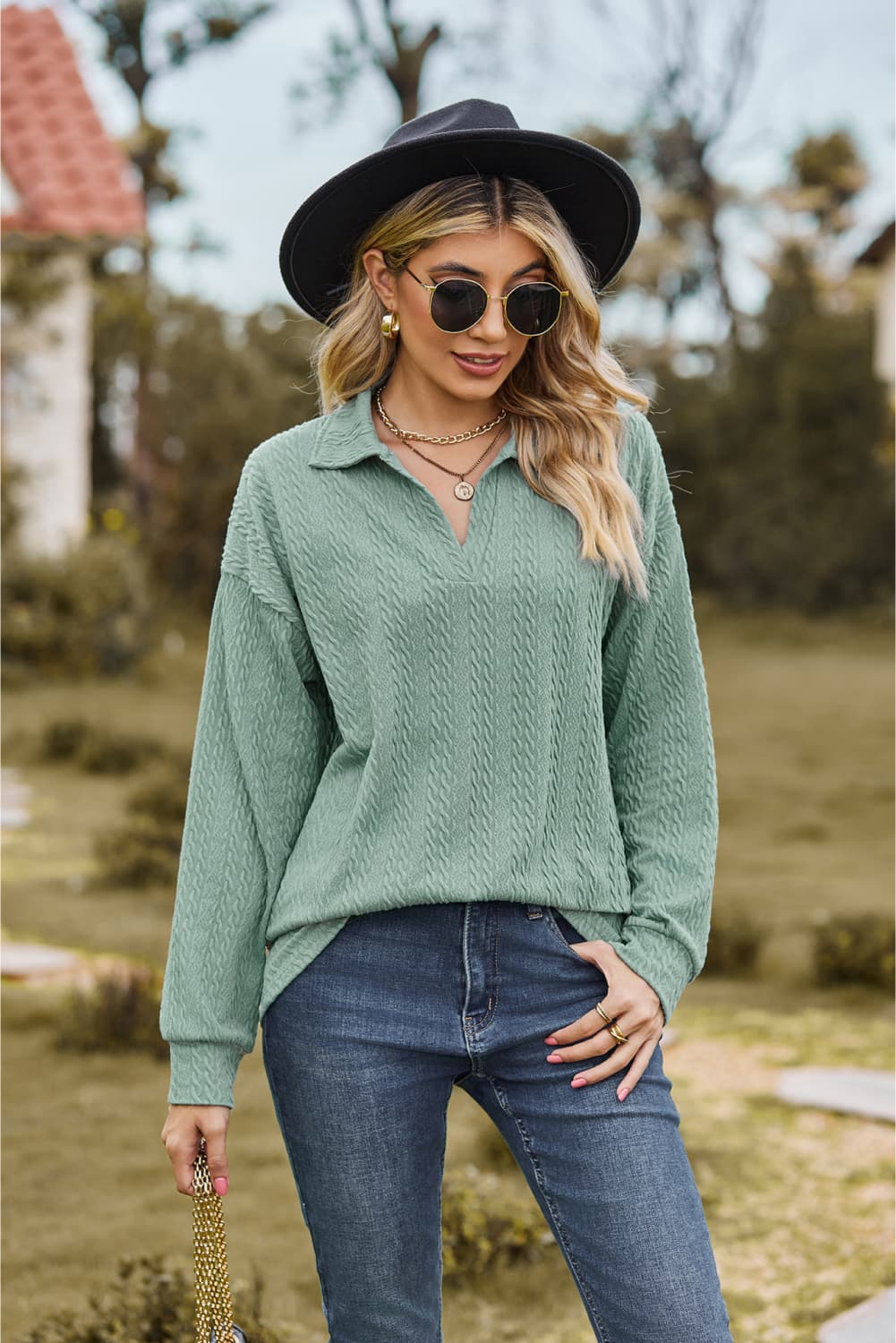 Collared Neck Cable-Knit Long Sleeve Blouse in Sage