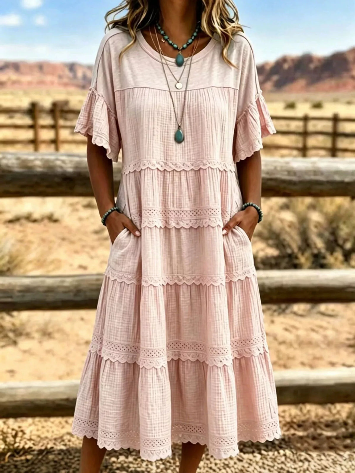 Full Size Tiered Ruffle Sleeve Midi Dress with Pockets Plus Size - Lilixa.store